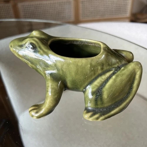 McCoy Frog Planter Vintage Brush – 1930s Green Glaze Pottery Ceramic Made USA