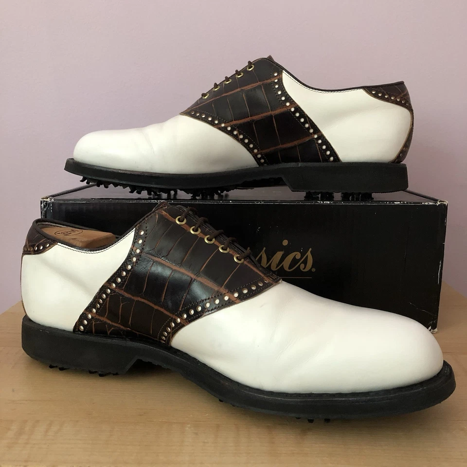 Винтажные мужские туфли для гольфа седло FootJoy Classics Tour белая кожа/коричневый 12,5D - Изображение 3 из 4