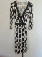 Diane von Furstenberg DVF Taurus Wrap Dress Silk Knee V 3/4 Palm Black Beige 2