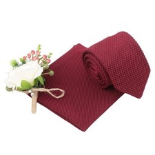 DQT Plain Knitted Slim Neck Tie and Pocket Square Set for Men Burgundy