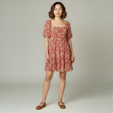 Anthropolgie x Blu Pepper | Floral Puff Sleeve Tiered Mini Dress M Coral Pink