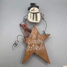 Vtg Wooden Star Snowman Farm House Christmas Decor Standing Wire Primitive Folk