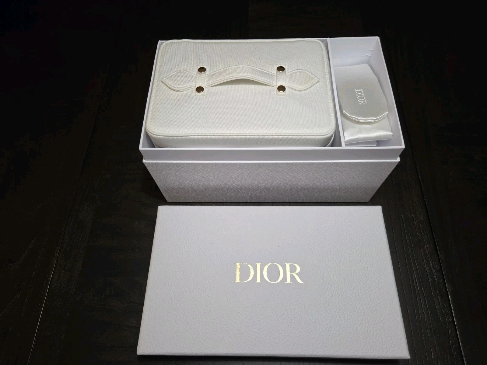 Dior Platinum Gift Set NEW Vanity Case Cosmetic Bag Towel Hairband Pebbled Box $