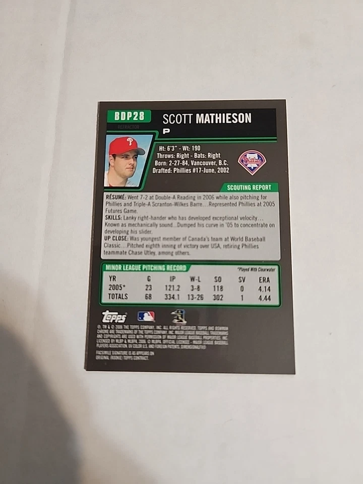 2006 Bowman Draft Picks & Prospects - Chrome Scott Mathieson #BDP28 Refractor - Image 2 of 2