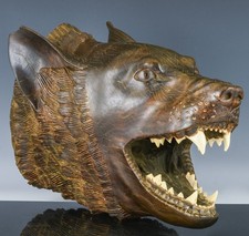 AMAZING 19thC VICTORIAN BLACK FOREST GERMAN CARVED WOOD WOLF HEAD WALL SCULPTURE