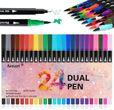 24 Vibrant Dual Brush & Fine Point Markers for Adult Coloring & Calligraphy
