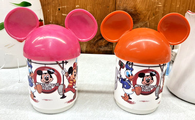 2 VTG Disney Mickey Mouse Club Cup Lid Pink Orange Dumbo Donald Duck Disneyland