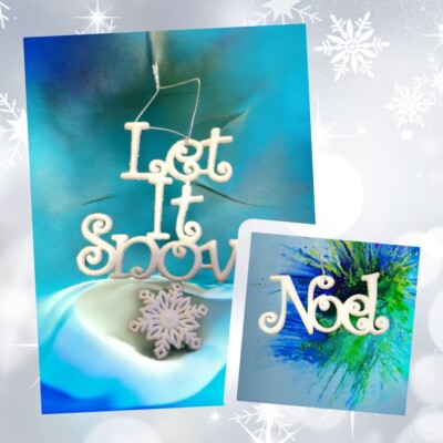 2 X New Glitter Holiday Christmas Ornaments ~NOEL & LET IT SNOW, Sparkly White