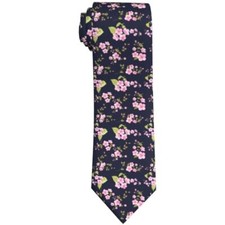 Men's Floral Tie Skinny Necktie for Weddings, Groomsmen, Dances Navy Pink Floral