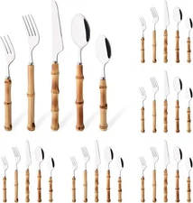Bamboo Handle Silverware Set 30 Pcs Set for 6 Stainless Steel Flatware Set