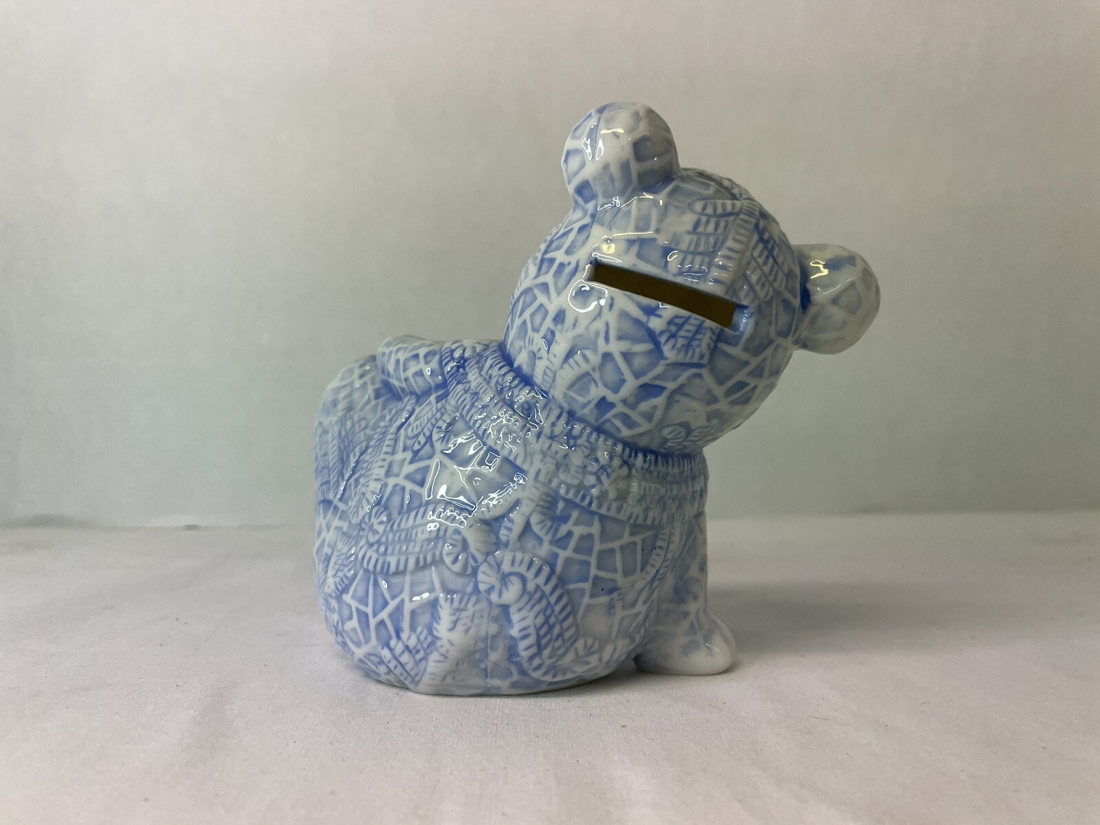 Blue & White Reclining Teddy Bear Piggy Bank Childs Nursery