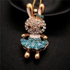 Fashion Women Cute Blue Crystal Bow Rabbit Skirt Pendant Chain Lady Necklace