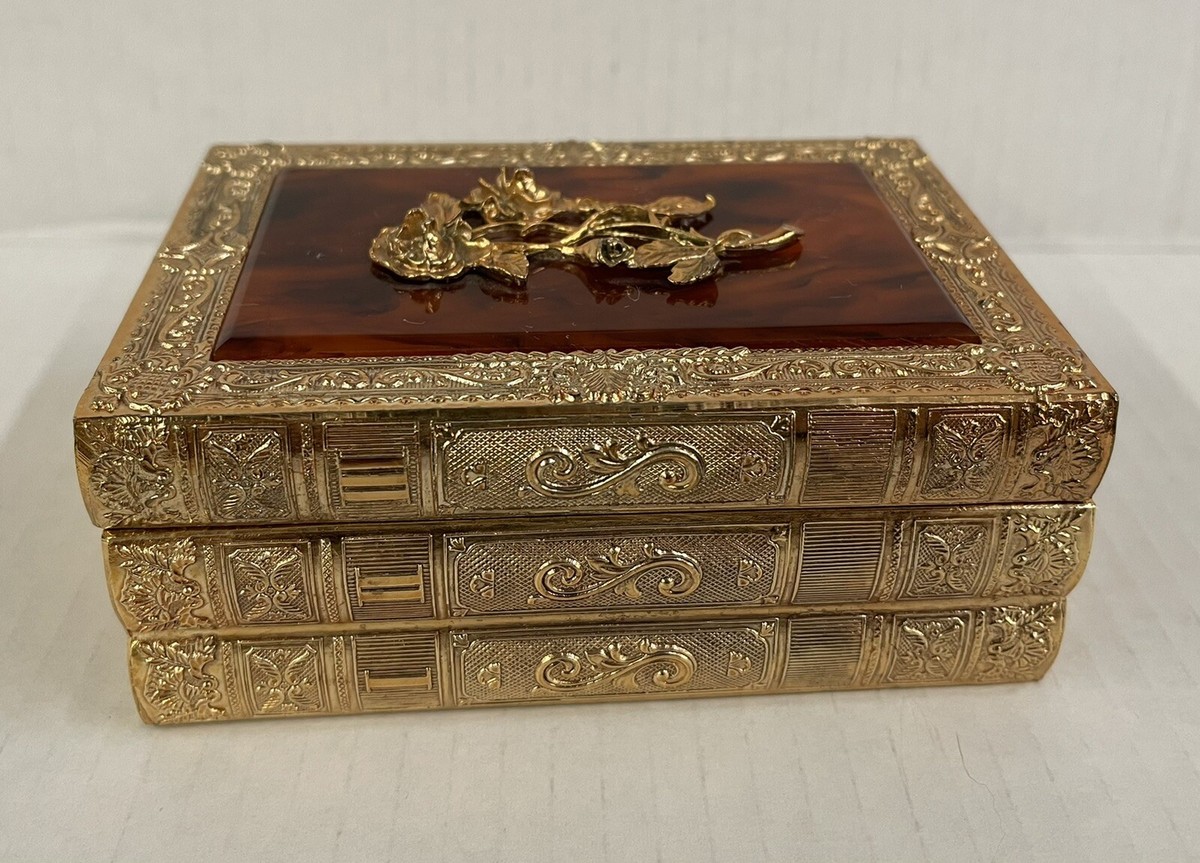 Vintage MELE Brass Plated Rose Jewelry Box Gold Tone 3 Stacked