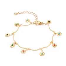 Enamel Charm Anklet Bracelet Chain Stainless Steel Lobster Flower Gold 9.6" Z16