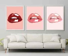 Set Of 3 Pink Lips Fashion Wall Art Blush Pink Red Lips Poster Prints