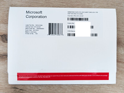 Microsoft Windows Server Standard 2025 64bit 16 Core DVD OEM EP2-25187 NEW