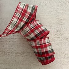 5 YARDS CHRISTMAS RED GREEN WHITE PLAID PRINT WIRED EDGE RIBBON 2.5" WIDE