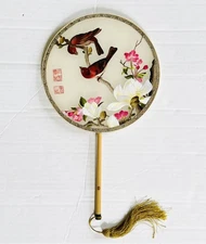 Vintage Silk Embroidered Red Bird Floral Chinese Bamboo Handle Round Fan