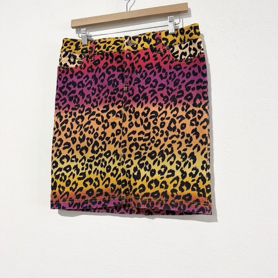 Charlie Brown Leopard Print Denim Pencil Skirt Pockets Stretch / Size 12