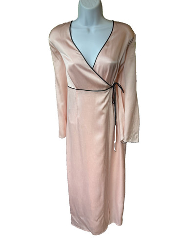 August Silk Long Robe Vintage Pink 100% Silk Size M Long Sleeve Black Piping