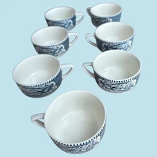 Lot of 7 Currier & Ives Early Winter Flat Tea / Soup Cups Blue Royal China USA