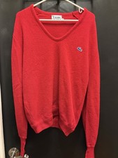 Izod Lacoste V-Neck Red Sweater Men  s Large Blue Crocodile Logo Vintage