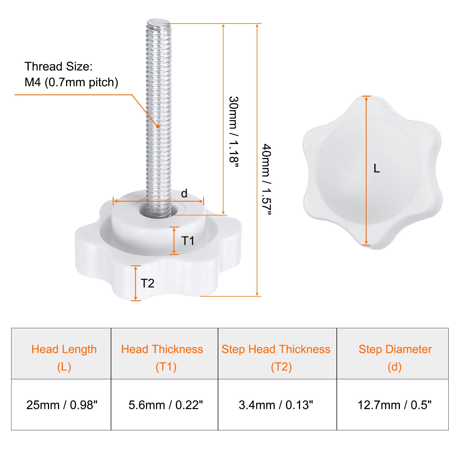 10pcs Star Knob M4 x 30mm Thread 25mm 6-Point Head Stud Hand Clamping Knob White