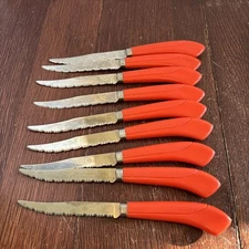 Vintage Quikut Stainless Steak Serrated Knives 8" USA Lot Of 9 Orange Handles