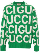 Authentic Men's Gucci Green Intarsia Knit Wool Logo Sweater 763672 New 2100