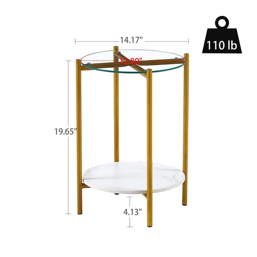 20in Round Coffee Table Golden Frame 2-Layer End Table with Glass & Marble Top - Picture 1 of 13