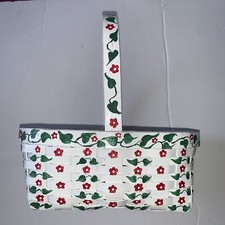 VTG Hand Painted Wooden Basket w/ Handle Red Flowers Easter Cottage Core Spring