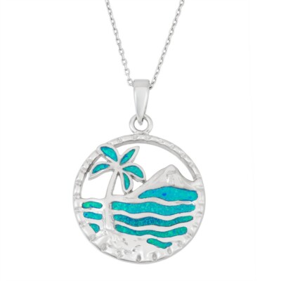 Sterling Silber blauer Inlay Opal Palme und Ozean Anhänger