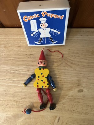 Vintage Pull String Dancing Clown Puppet Wood Criterion Toys Japan 7-1/2'' w/ Box