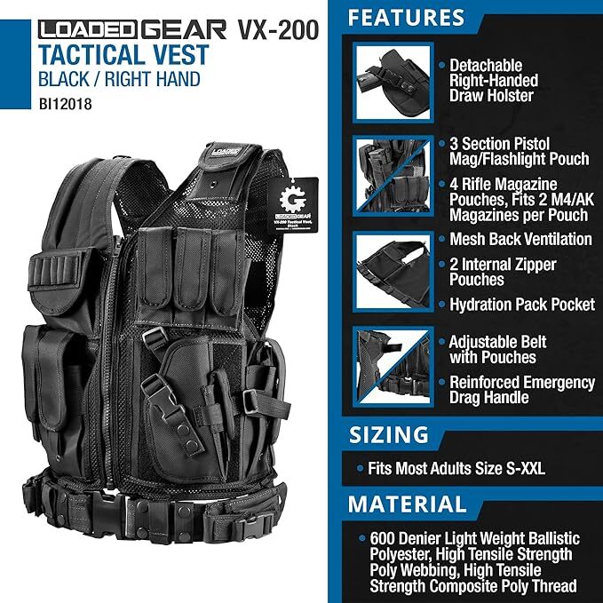 Barska Loaded Gear VX-200 Black Tactical Vest Right Hand w/ Holster BI12018