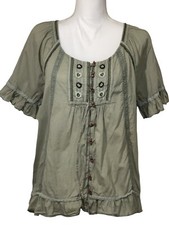 NINE WEST Kaitlyn Green Short Sleeve Embroidered Button Front Top Women’s Size M