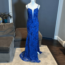 Women s Blue Sparkly Mermaid Fit Prom Party Dress Criss Cross Straps Size 8