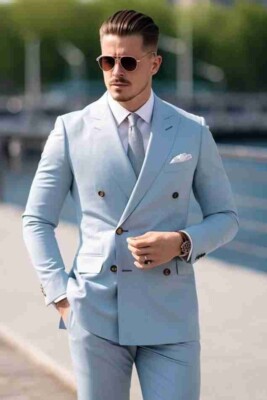 Mens Premium Sky Blue Double-Breasted Suit, Tailored Fit Wedding & Formal Attire