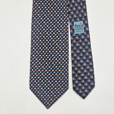 HERMES TIE 626089 FA Helmet & Motorcycle on Dark Blue Silk Necktie