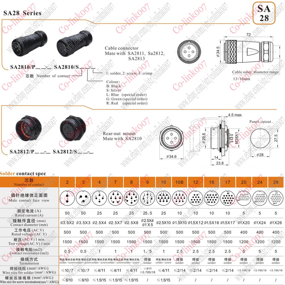 SA28 WEIPU 16pin Panel Mount Connector Plug Socket,500V Aviation Cable Connector - Image 2 of 4