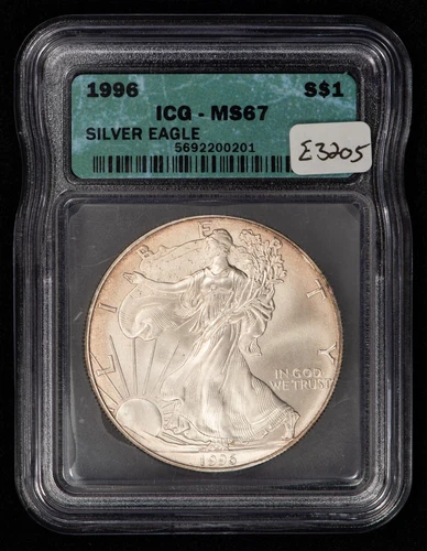 1996 1 oz Silver American Eagle - Key Date - Original Toning - ICG MS 67 - E3205