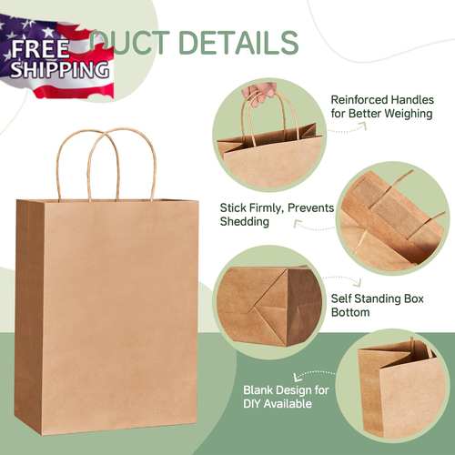 Gift Bags 100Pcs Brown Paper Bags with Handles Bulk 8X4.5X10.8 Inch Paper Gift B - Picture 4 of 12