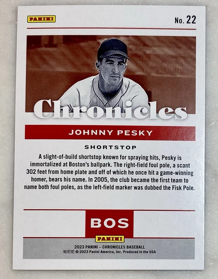 Johnny Pesky 2023 Panini Chronicles Baseball 22 Blue Bookend 1/25 Boston Red Sox - Image 2 of 2