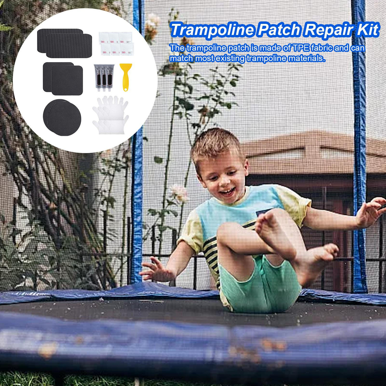 Trampoline Mat Repair Kit Repair Holes & Tears with Glue Scraper Gloves