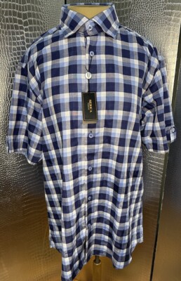 serica classics dress shirts Blue and White Plaid Short Sleeve Button Soft Men's Medium iron shirts are designed