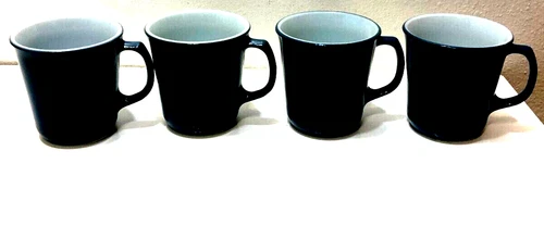 Vintage Pyrex Corning Glass Mugs SET OF 4 Slate Blue White D Handle 