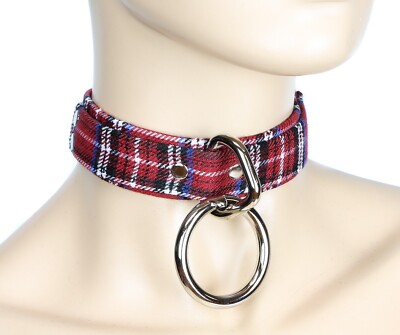 Plaid 1-1/2'' O-ring Leather Choker Necklace Punk Emo Goth Metal Grunge 90s Club