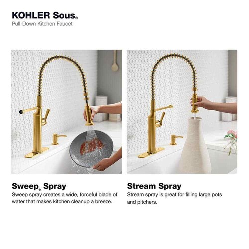 KOHLER Sous Pro-Style Pull Down Kitchen Faucet in Vibrant Brushed Modern Brass - Picture 6 of 8