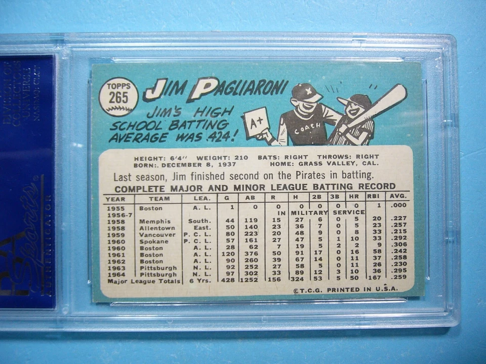1965 TOPPS MLB BASEBALL CARD #265 JIM PAGLIARONI PSA 8 NM/MINT SHARP+ '65 GL - Image 4 of 4