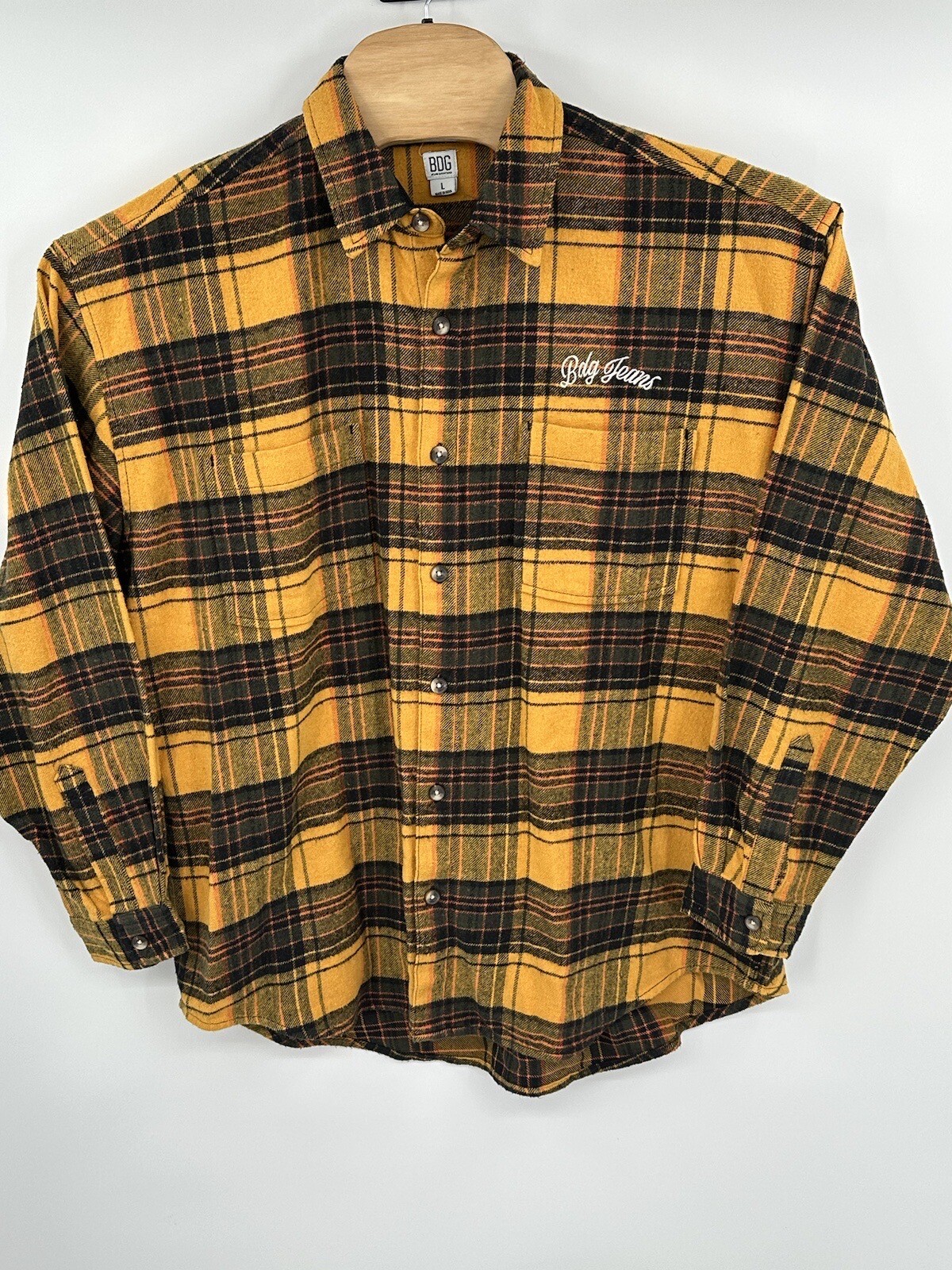 New BDG Jeans Urban Outfitters Yellow Plaid Map Embroidered Heavy Flannel LGE