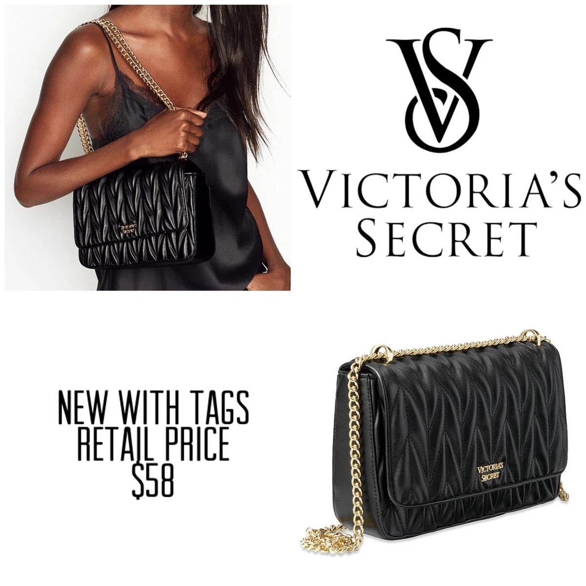 Victoria’s Secret Big Black Chevron Quilt Bond Street Shoulder Bag Retail  $58